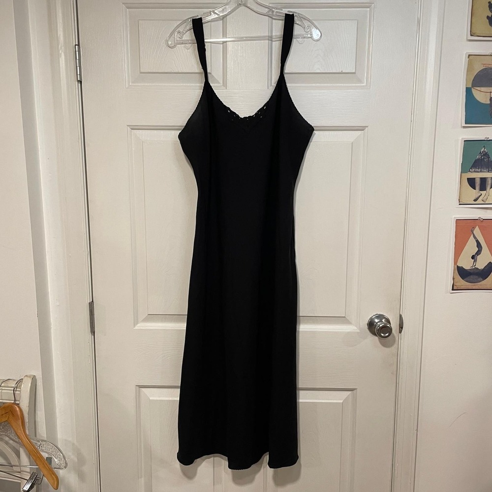 38 L Vintage 90s Vanity Fair Matte Black Midi Maxi Slip Dress Lingerie Lace Trim